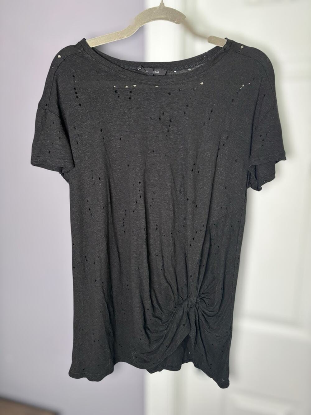 Olivaceous Black Distressed Twist Tie Front Top Large
